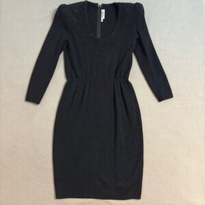 VTG St John by Marie Gray Black Knit Dress Embellished Long Sleeve Size 6